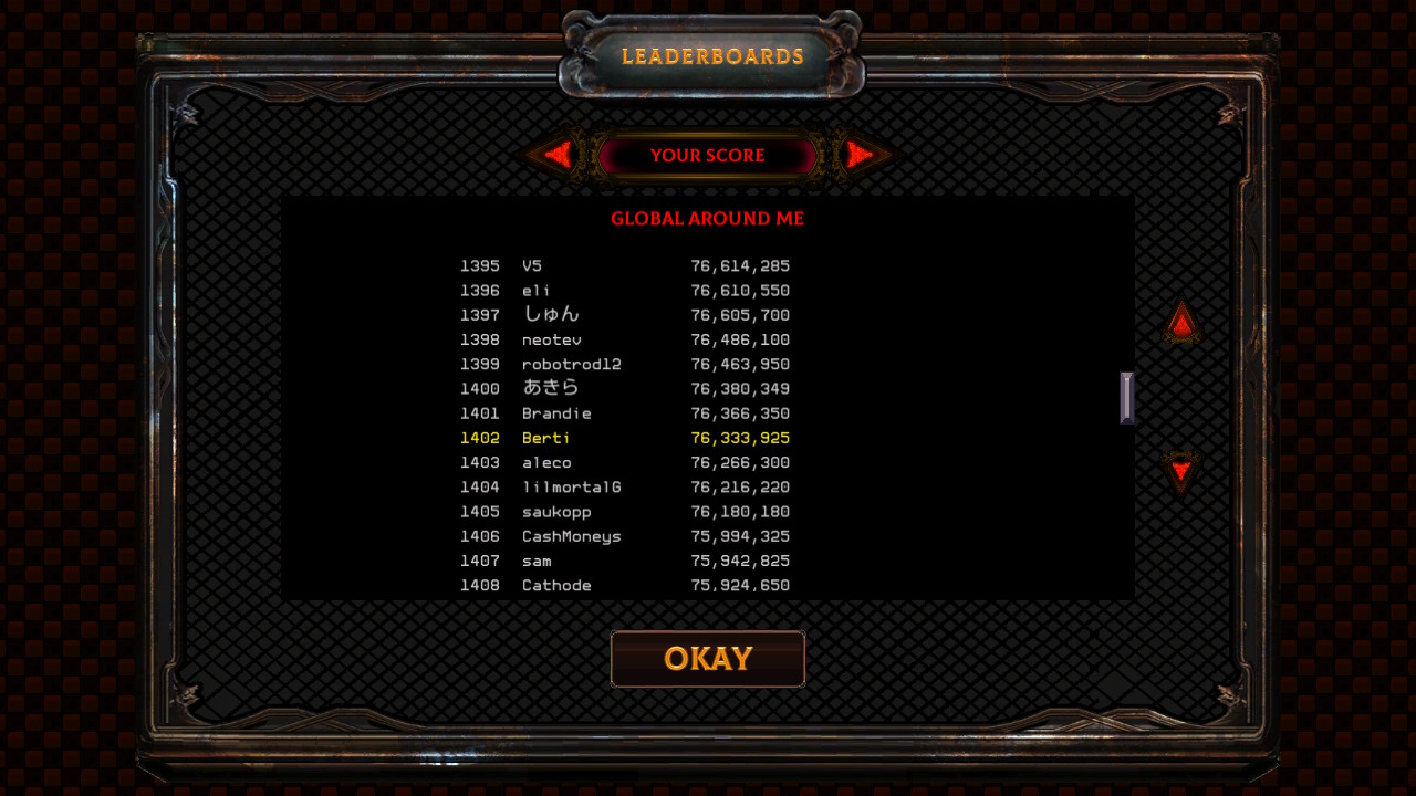 Screenshot: Demon’s Tilt online leaderboards for the Normal mode showing Berti at 1402nd place with a score of 76 333 925
